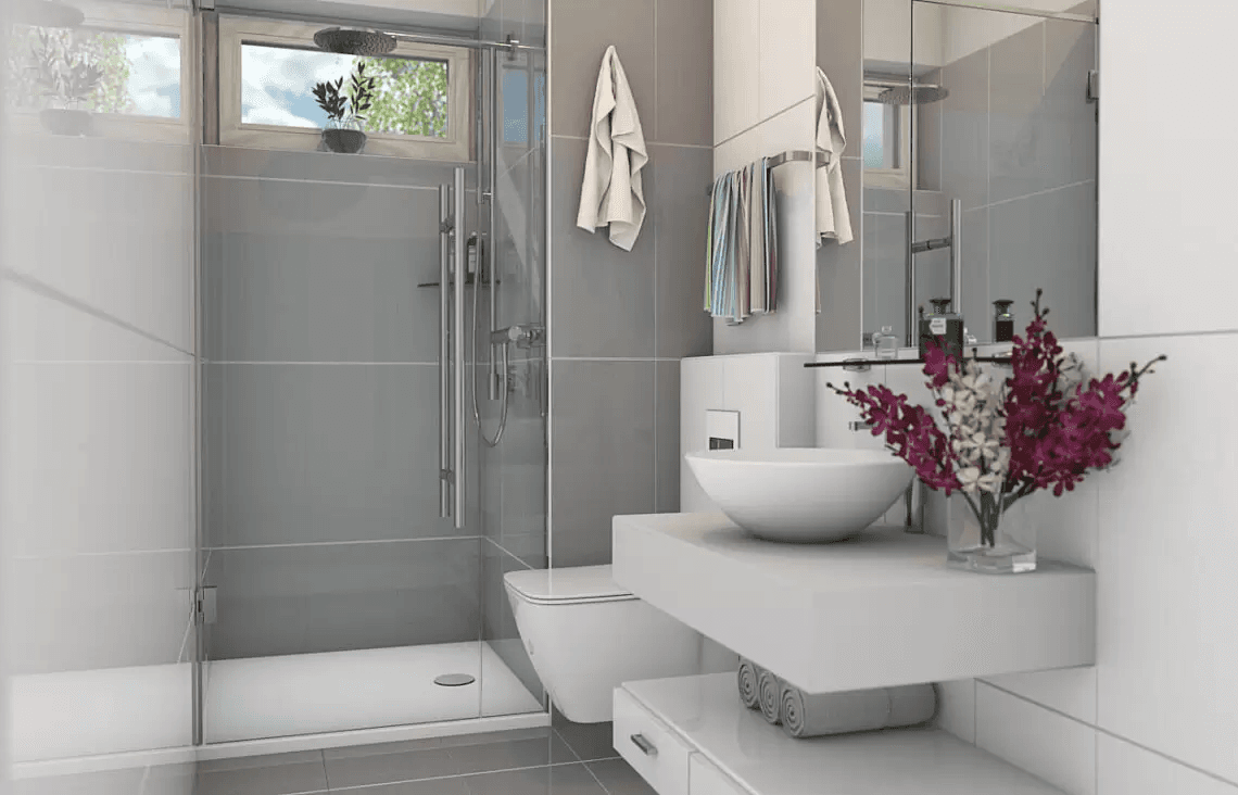 Wizualizacja wnętrza w projekcie domu jednorodiznnego werbena a lux widok na łazienkę