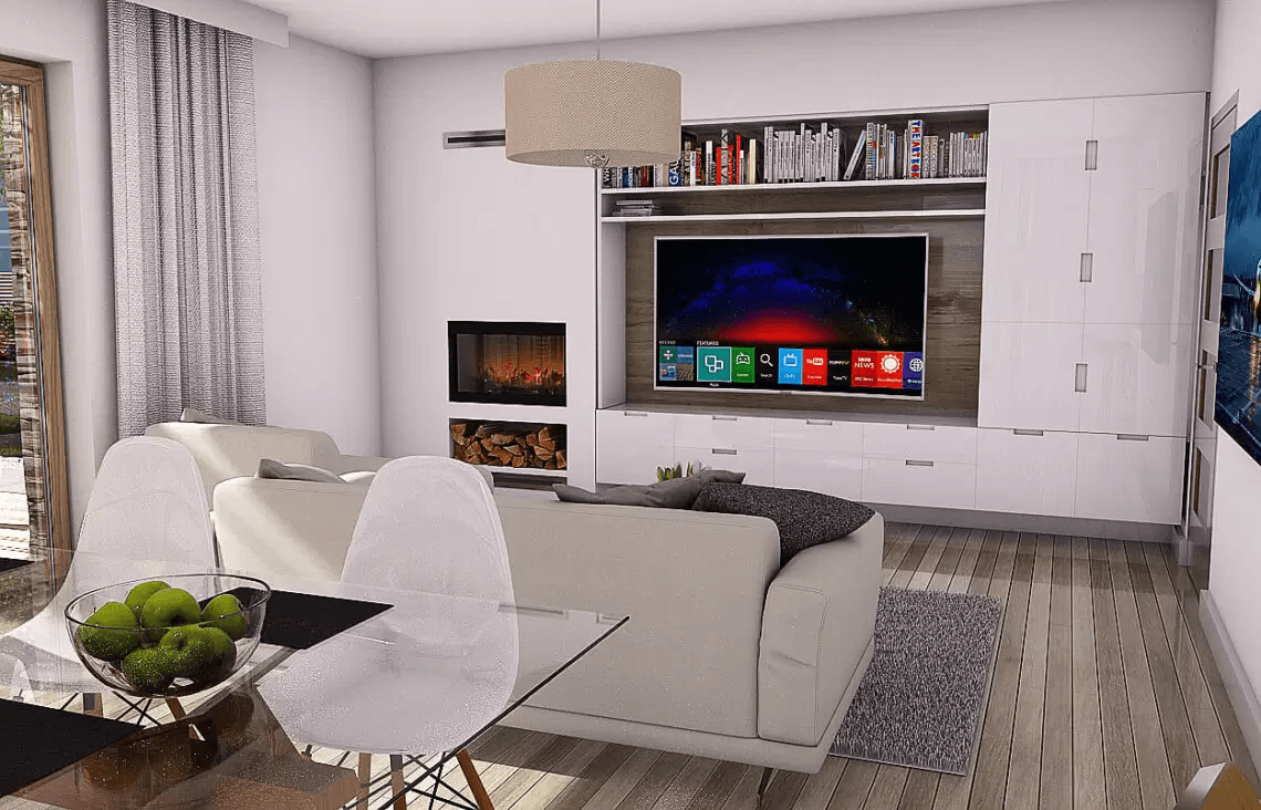 Wnętrze w projekcie domu jednorodzinnego z poddaszem i widok na salon Werbena a lux