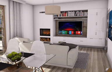 Wnętrze w projekcie domu jednorodzinnego z poddaszem i widok na salon Werbena a lux