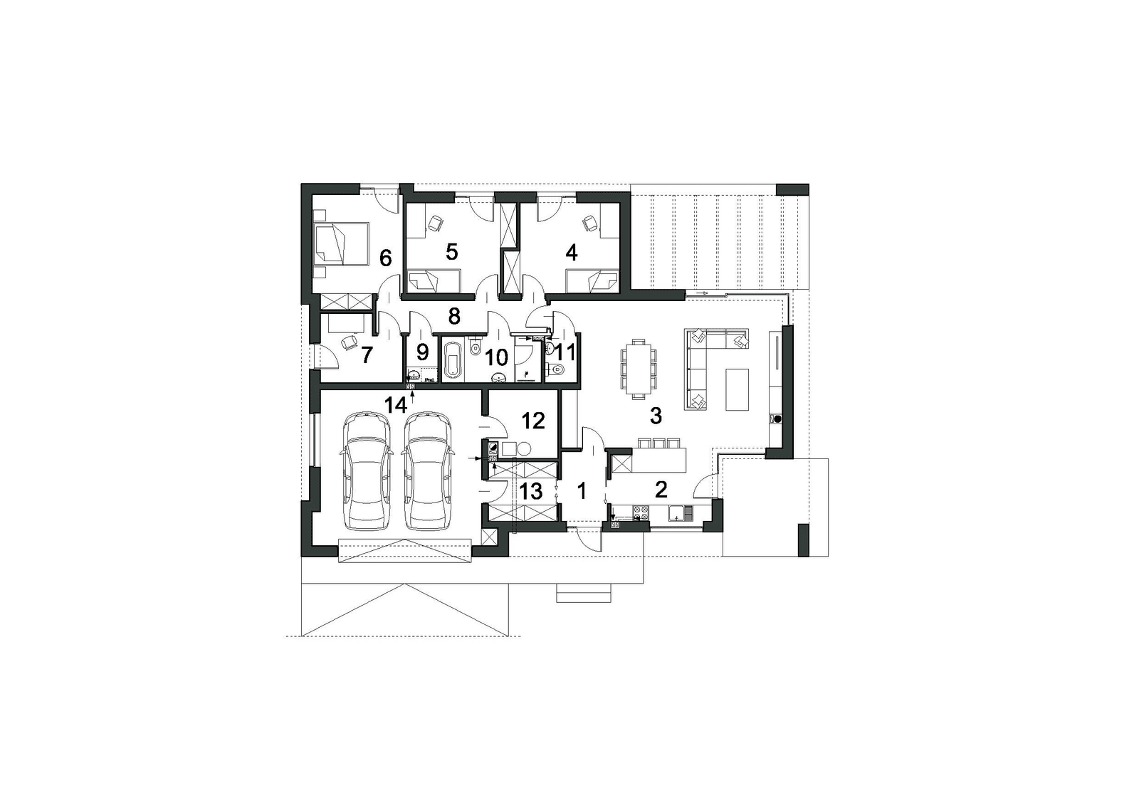 Rzut parteru w projekcie domu parterowego Aktywny D23
