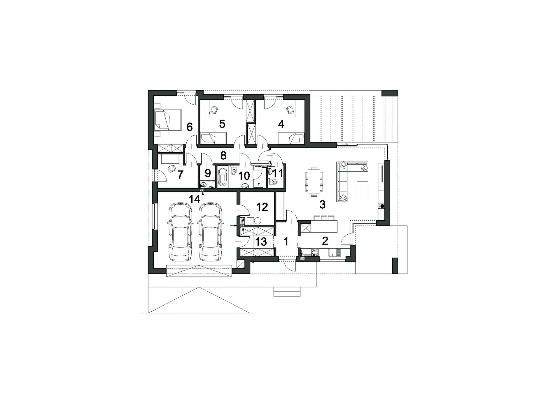 Rzut parteru w projekcie domu parterowego Aktywny D23