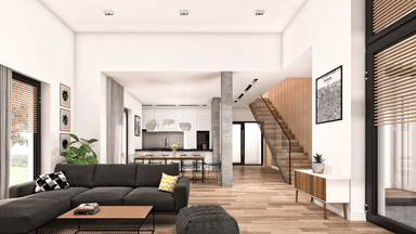 Przestronny salon w projekcie domu Ażurowy D38