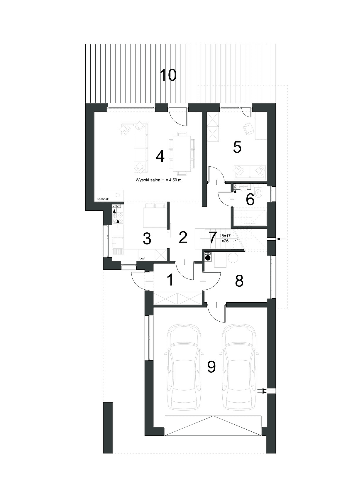 Rzut parteru w projekcie domu Dynamiczny D22