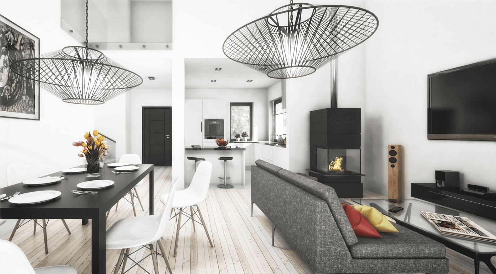 Widok wnętrza salon z jadalnią w projekcie Dynamiczny D22