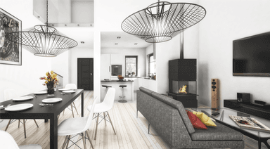 Widok wnętrza salon z jadalnią w projekcie Dynamiczny D22