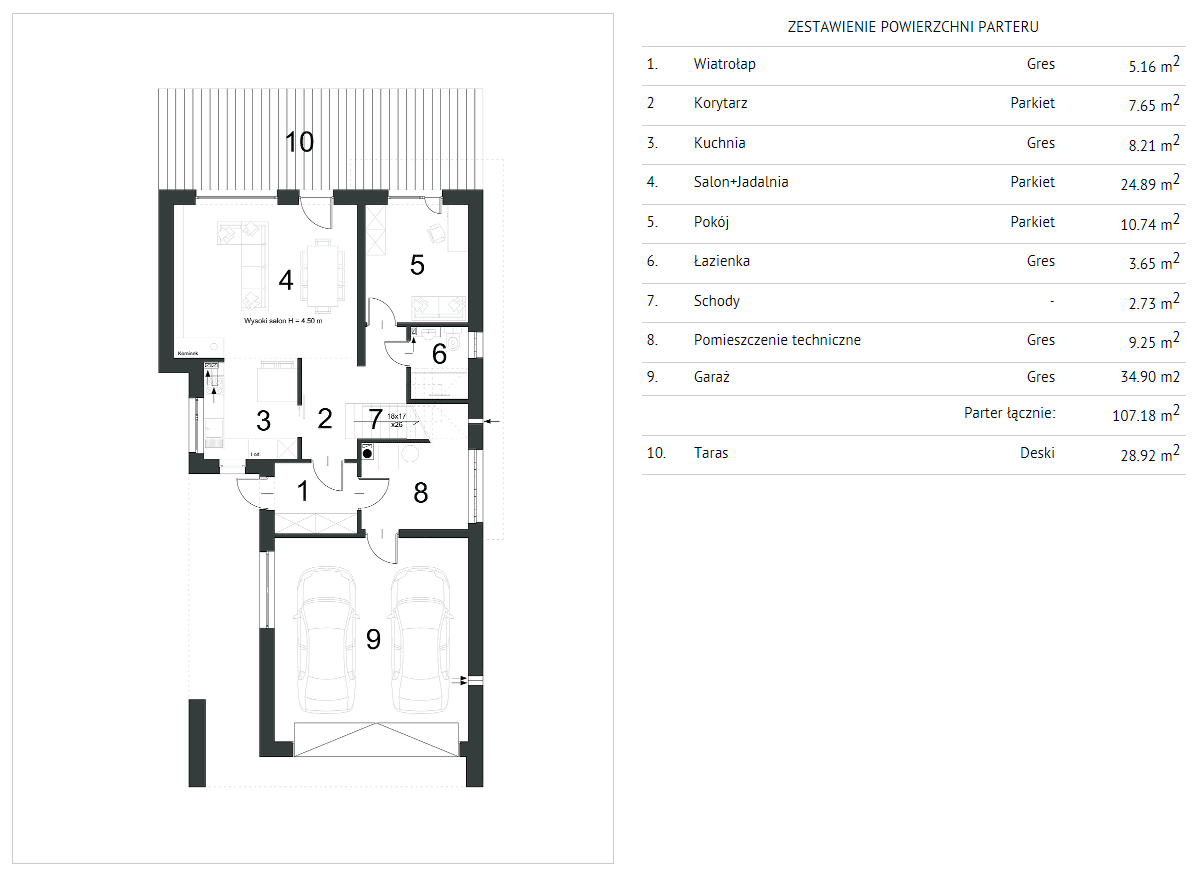 Rzut parteru w projekcie domu Dynamiczny D22 wariant 1