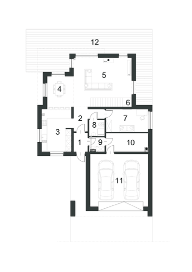 Rzut parteru w projekcie domu Intrygujący D32