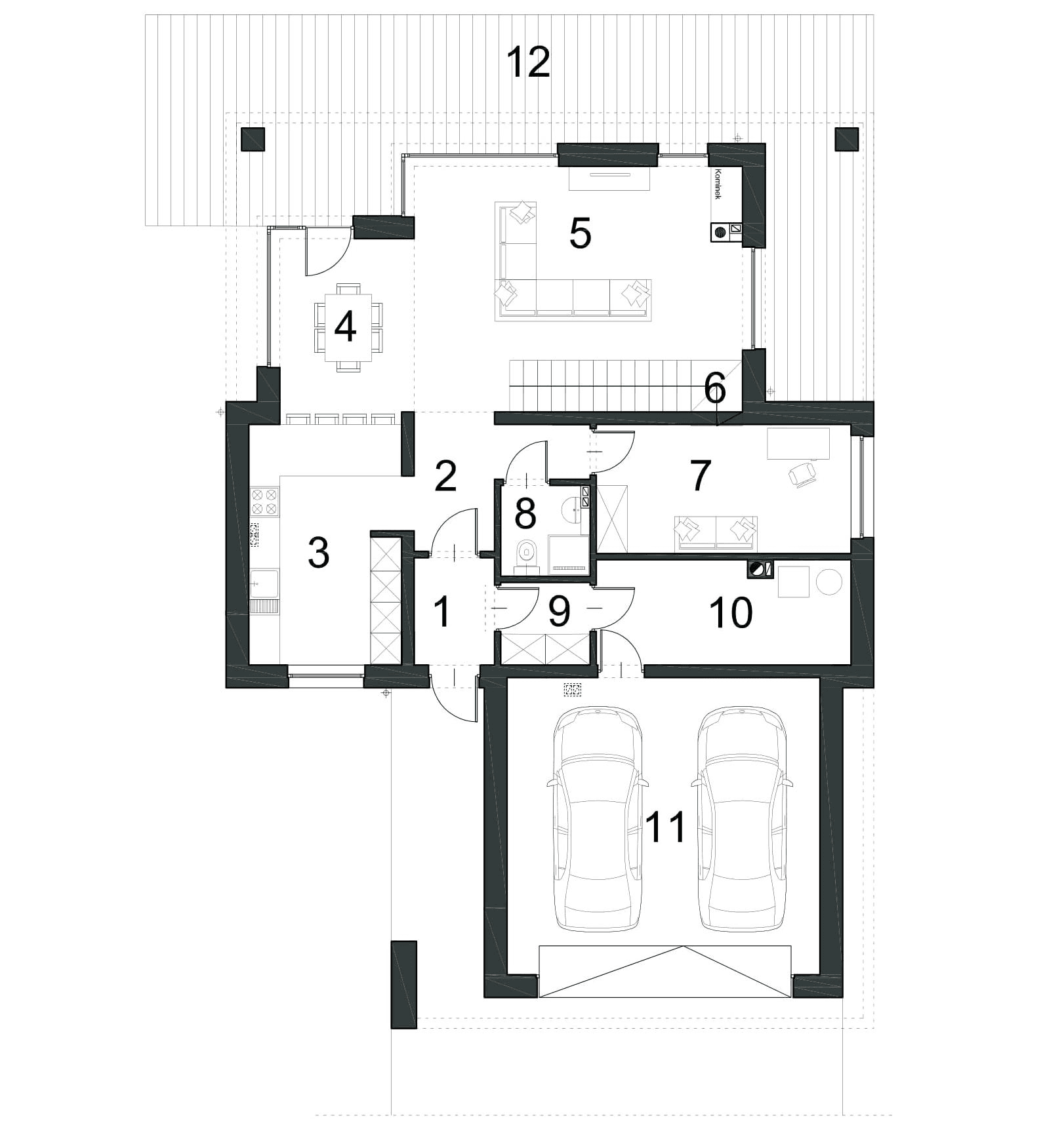 Rzut parteru w projekcie domu Klasyczny D33