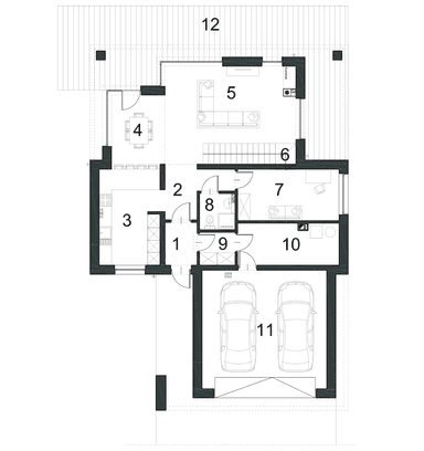 Rzut parteru w projekcie domu Klasyczny D33