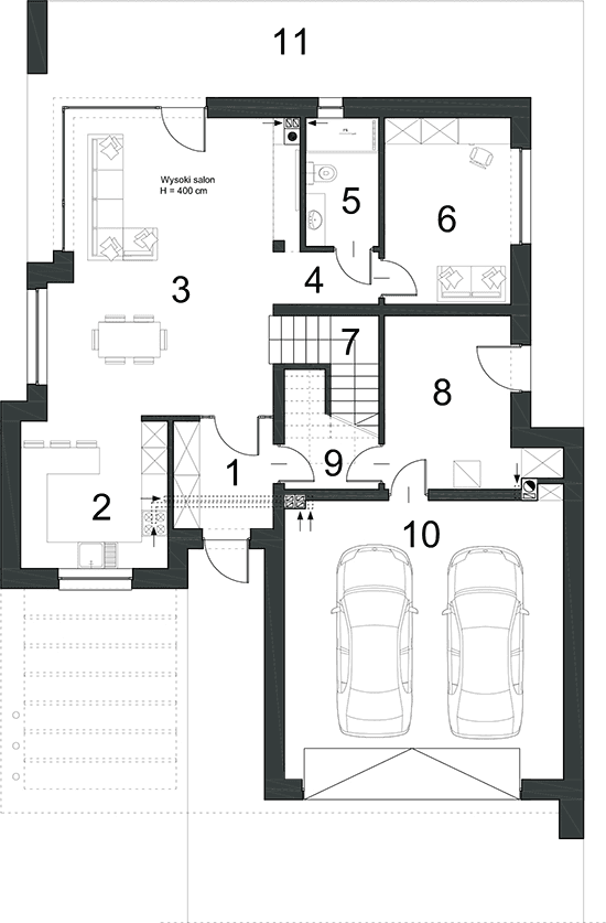 Rzut parteru w projekcie domu Kubiczny D30