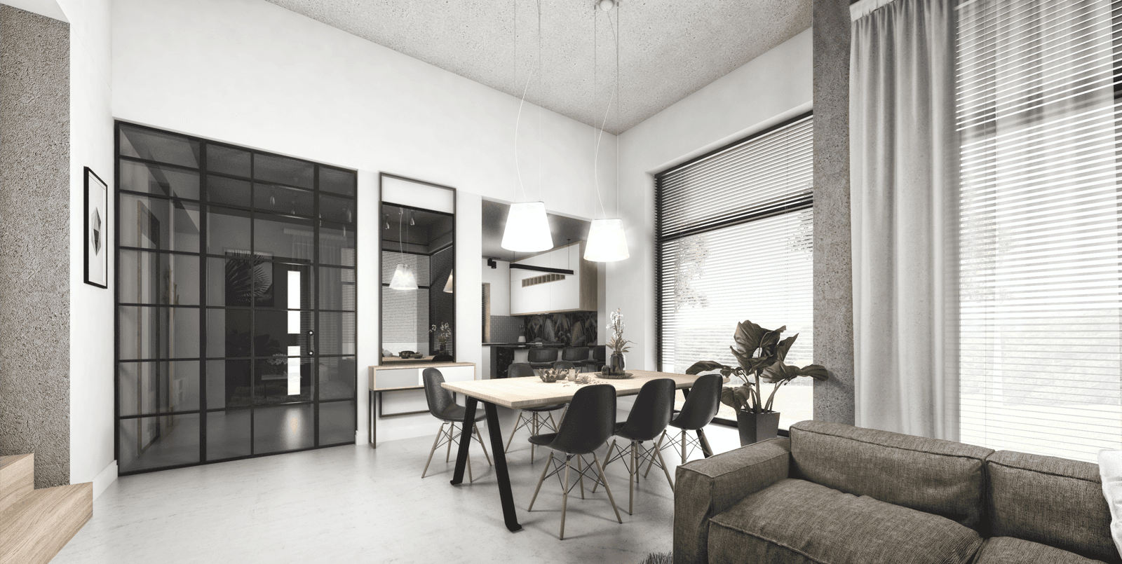 Wizualizacja salon z jadalnią w projekcie Kubiczny D30