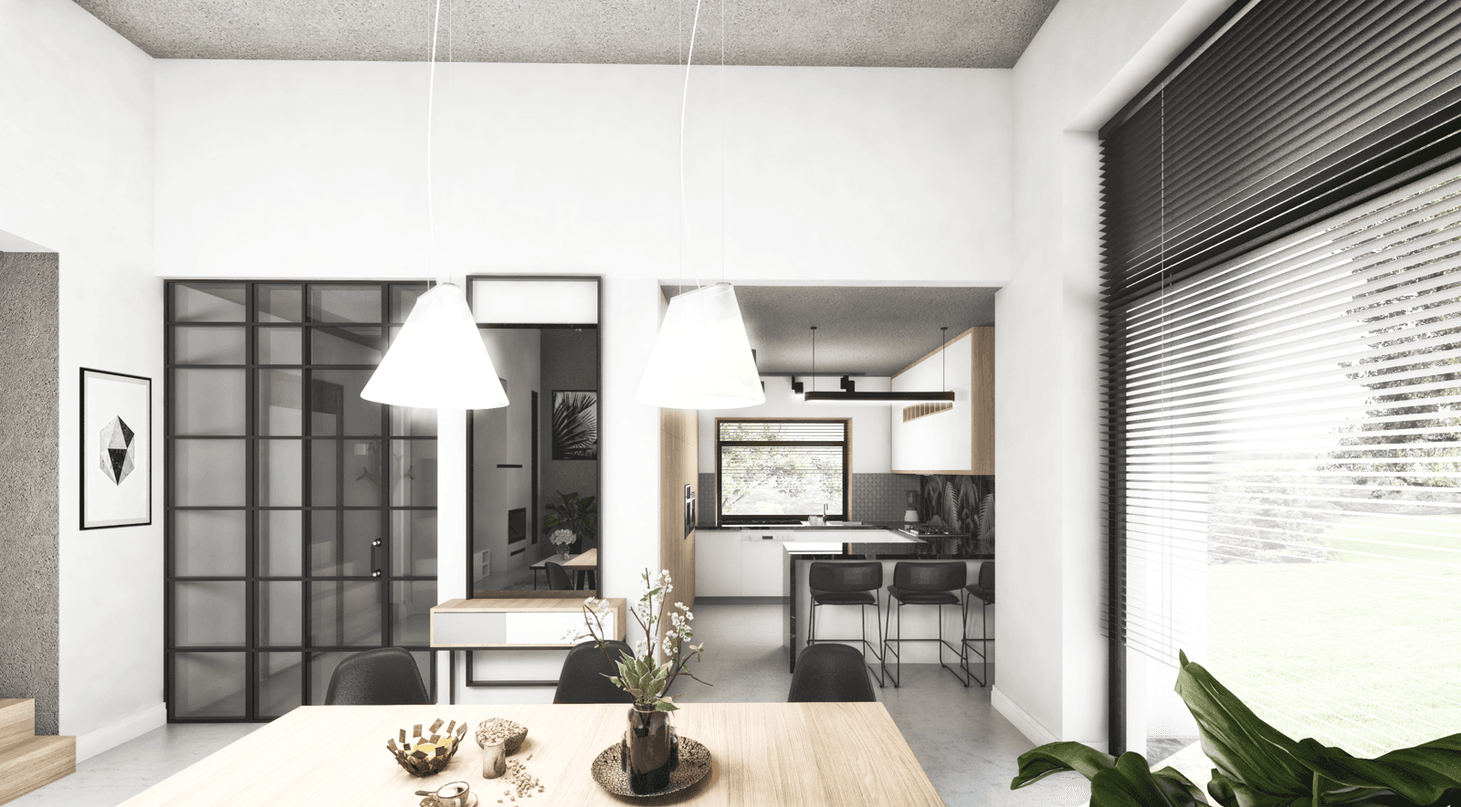 Piękna jadalnia z przeszkleniem w projekcie domu Kubiczny D30