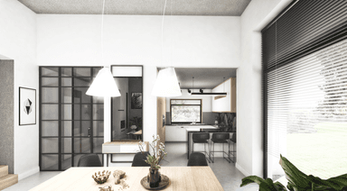 Piękna jadalnia z przeszkleniem w projekcie domu Kubiczny D30