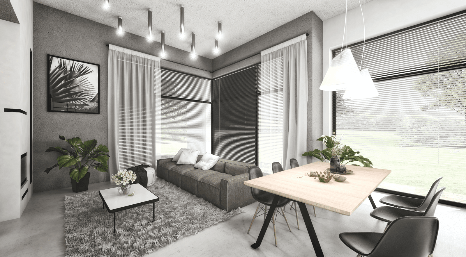 Wnętrze: salon z jadalnią w projekcie domu Kubiczny D30 wariant I