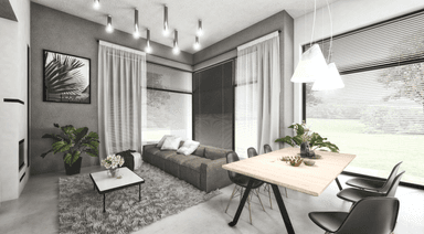 Wnętrze: salon z jadalnią w projekcie domu Kubiczny D30 wariant I