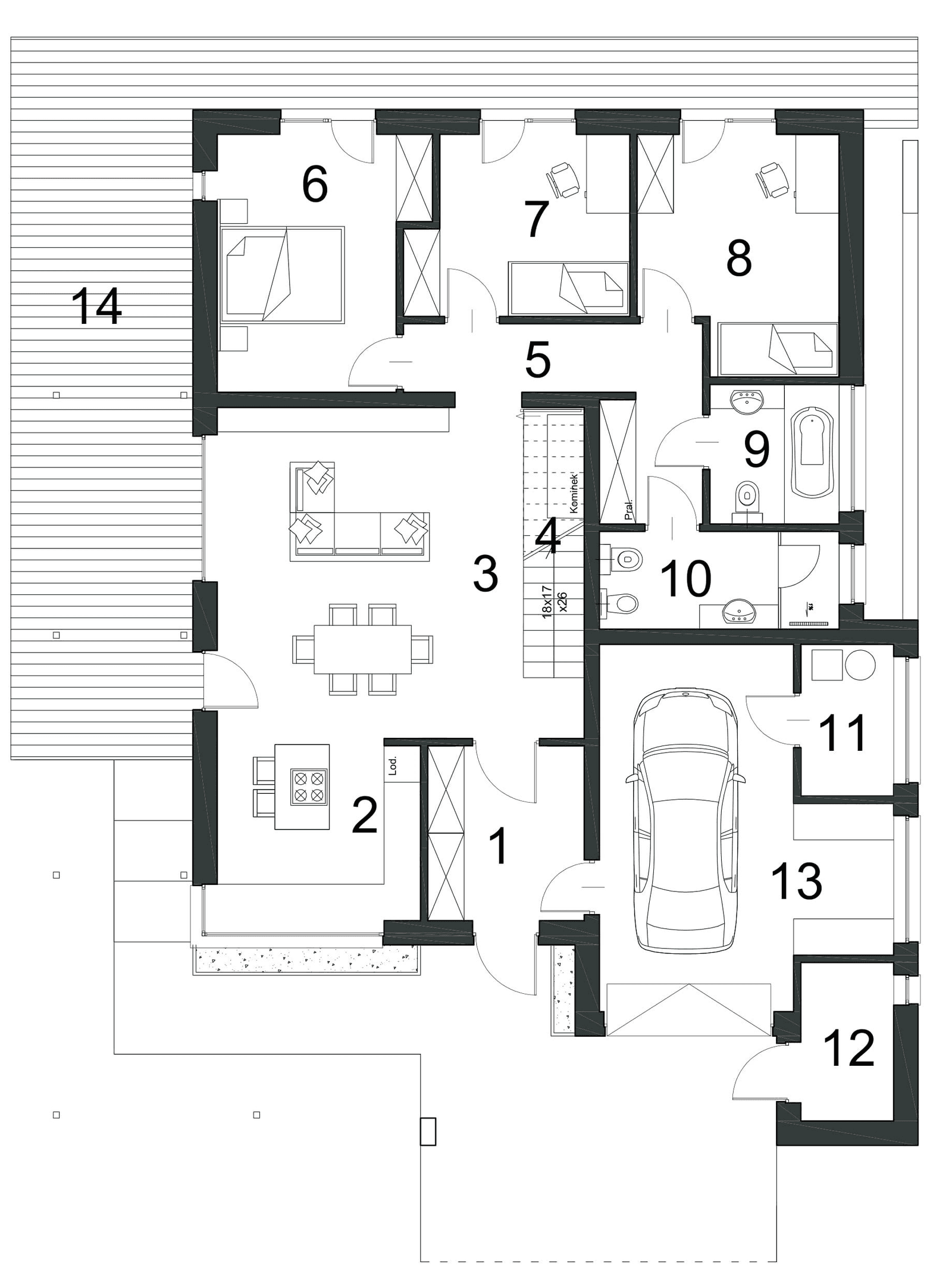 Rzut parteru domu Modernistyczny D12 wariant 1