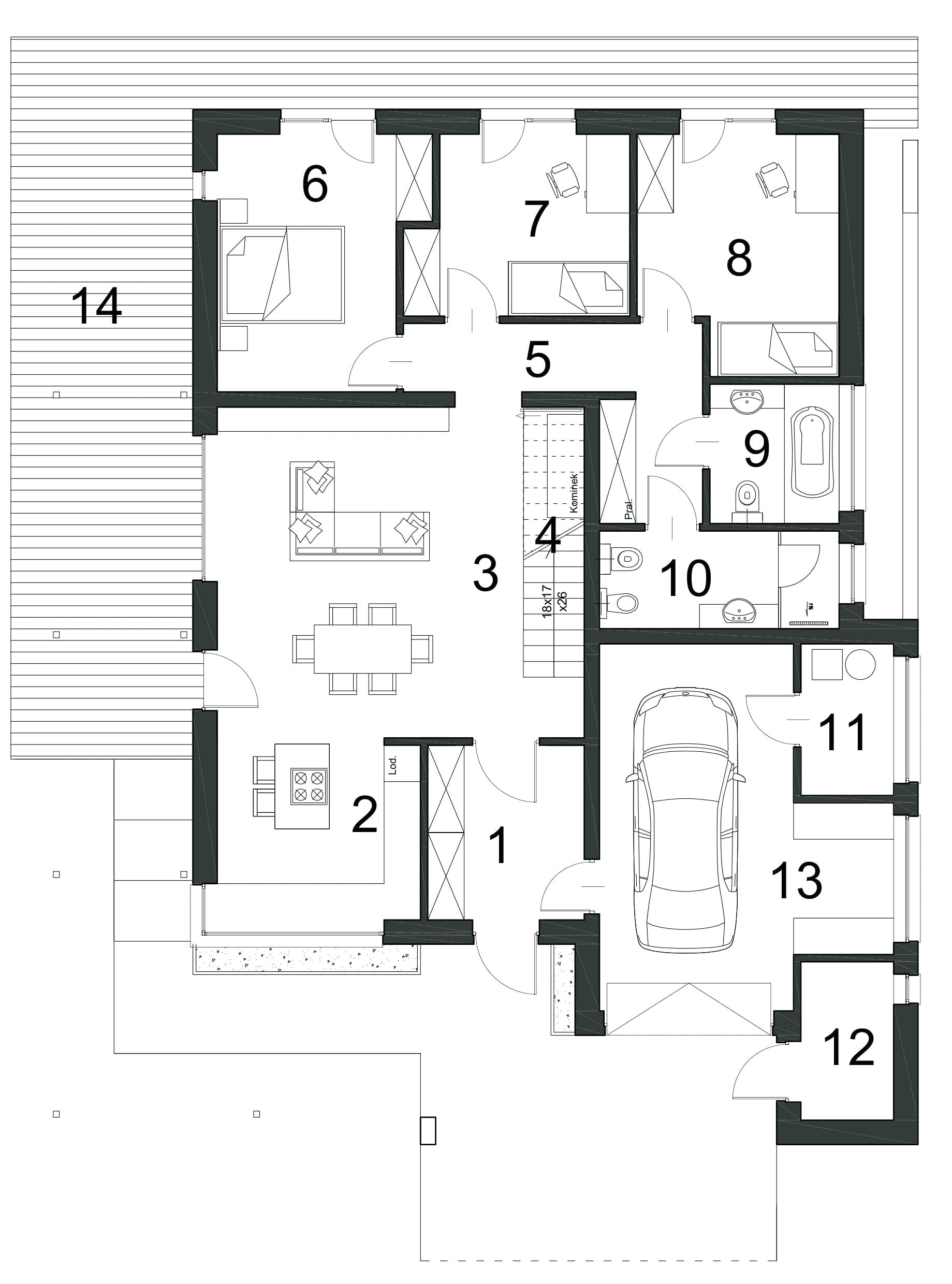 Rzut parteru domu Modernistyczny D12 wariant 1
