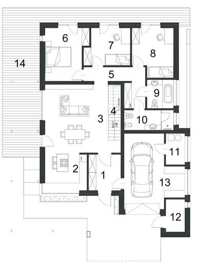 Rzut parteru domu Modernistyczny D12 wariant 1