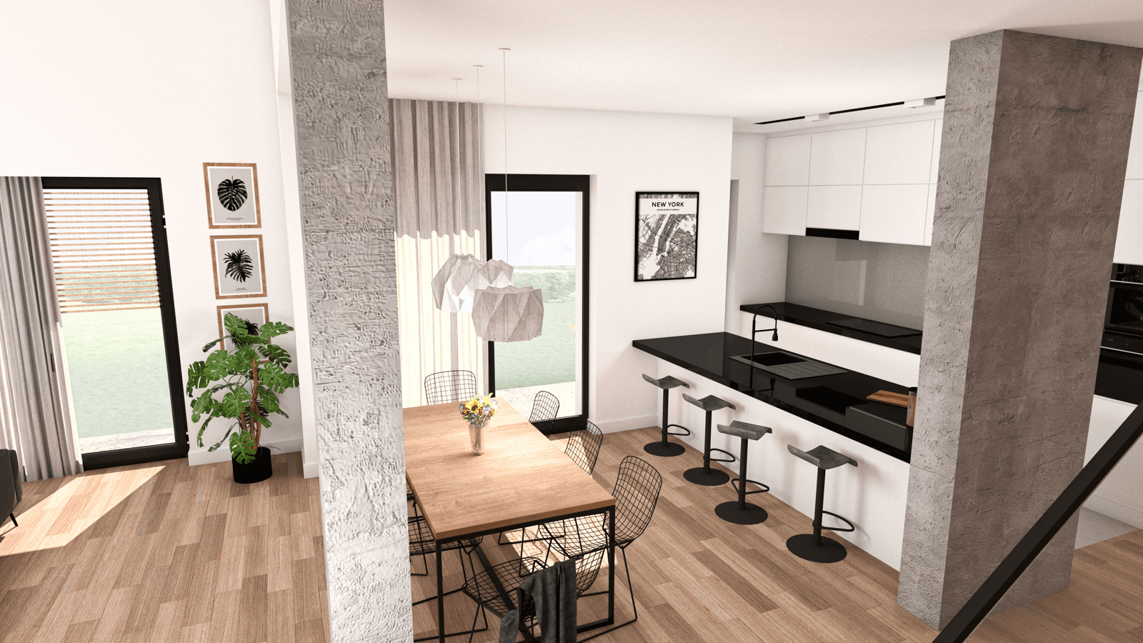 Parter w bieli i czerni w projekcie domu Optymalny D37