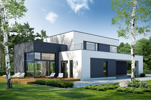 Widok na dom piętrowy z dachem płaskim Optymalny D37