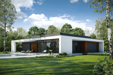 Wizualizacja projektu domu parterowego z dachem płaskim Otwarty D42
