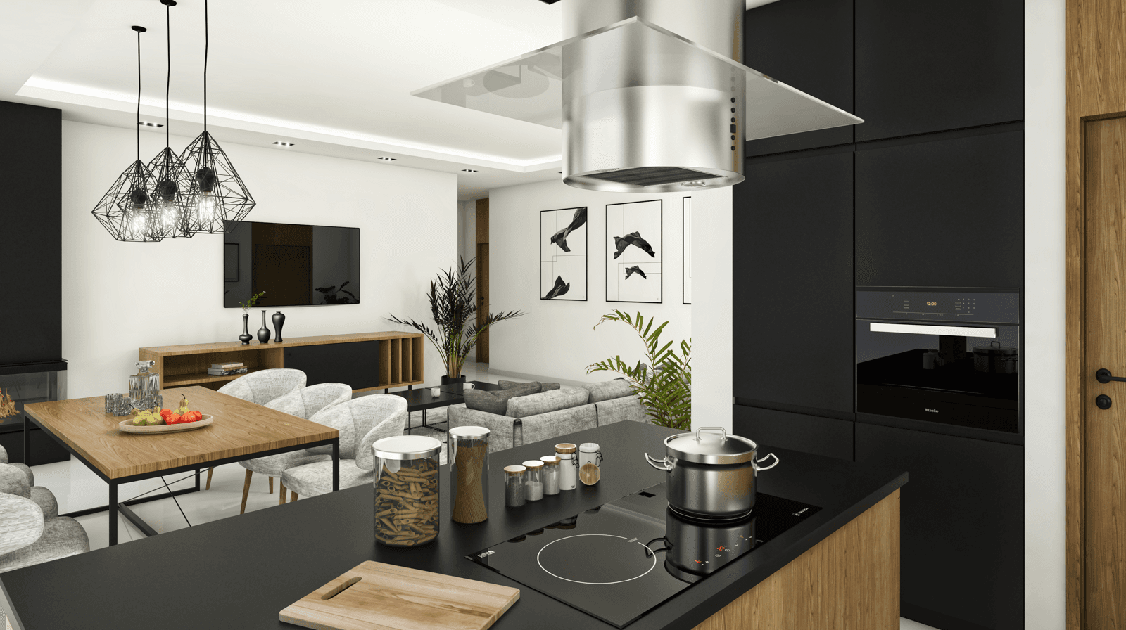 Wnętrze projektu domu Otwarty D42 widok z kuchni na jadalnie