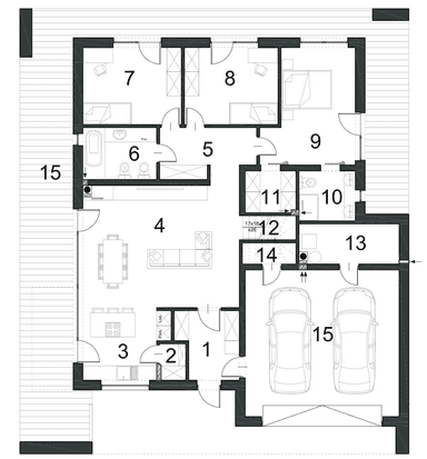 Rzut parteru w projekcie domu Otwarty D42 wariant