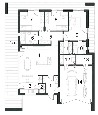 Rzut parteru w projekcie domu Otwarty D42 wariant III