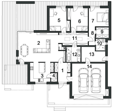 Rzut parteru projektu domu PRZEJRZYSTY D27
