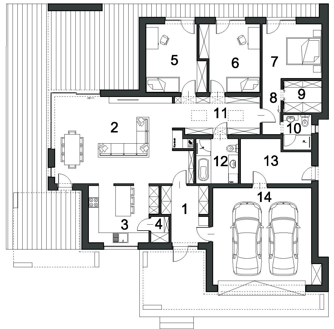 Rzut parteru w domu Przejrzysty D27 wariant 1