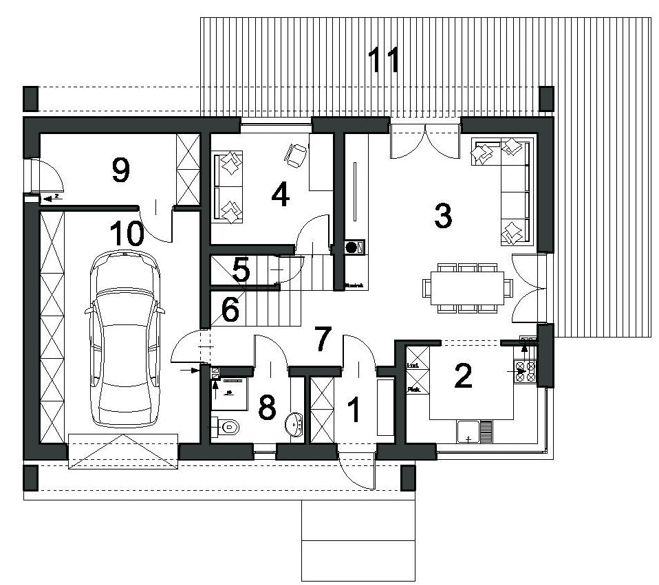 Rzut parteru w projekcie domu PRZYTULNY 25 WARIANT I