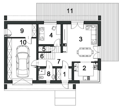Rzut parteru w projekcie domu PRZYTULNY 25 WARIANT I