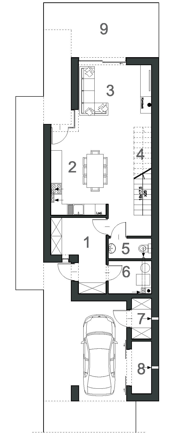 Rzut parteru w projekcie domu Wąski D9