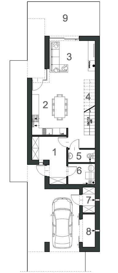 Rzut parteru w projekcie domu Wąski D9