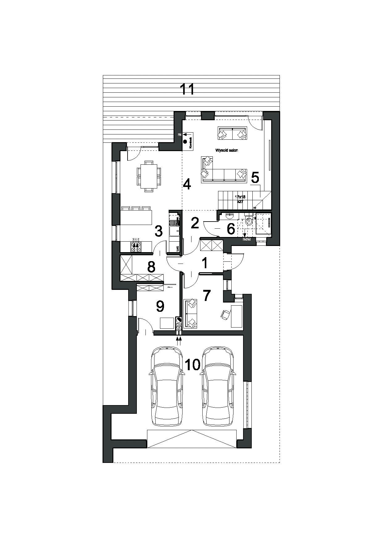 Rzut parteru w projekcie domu piętrowego Współczesny D31