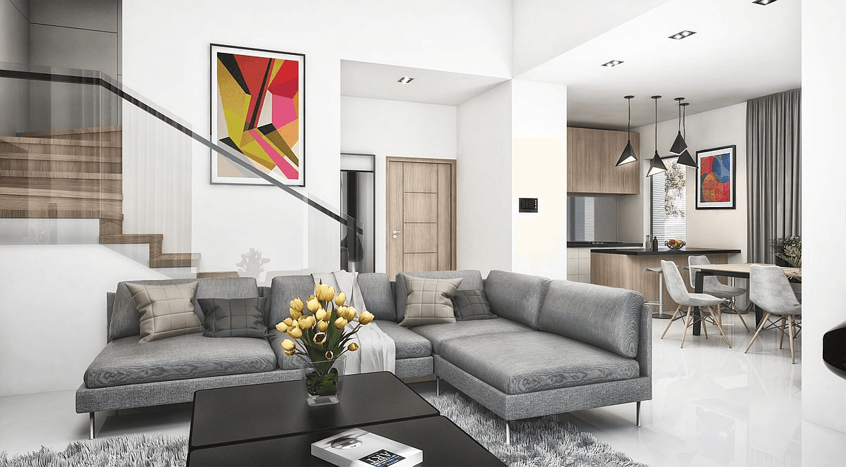 Wizualizacja wnętrza: salon z jadalnią w projekcie domu Współczesny D31