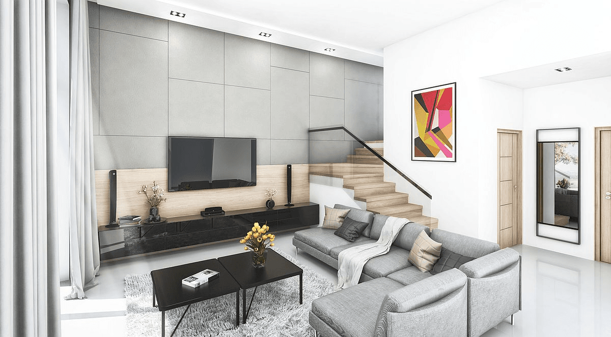 Wizualizacja salonu w projekcie domu piętrowego Wspólczesny D31