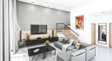 Wizualizacja salonu w projekcie domu piętrowego Wspólczesny D31