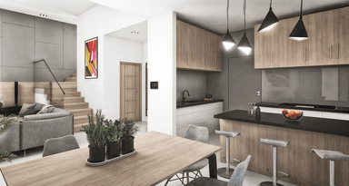 Widok na kuchnię w projekcie domu piętrowego Współczesny D31