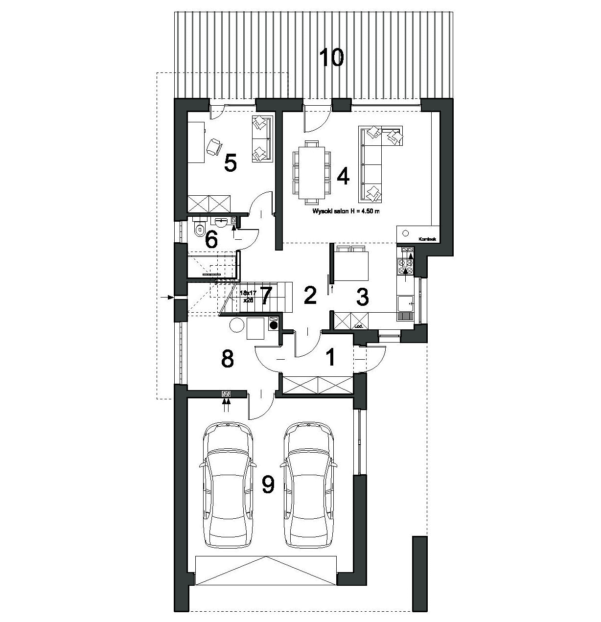 Rzut parteru w projekcie domu Wyrazisty D46