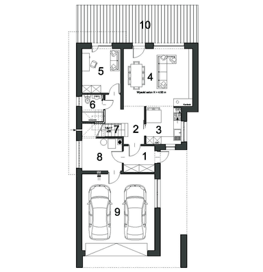 Rzut parteru w projekcie domu Wyrazisty D46