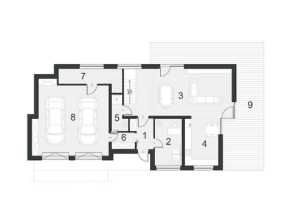 Rzut parteru w projekcie domu Zorganizowany D14