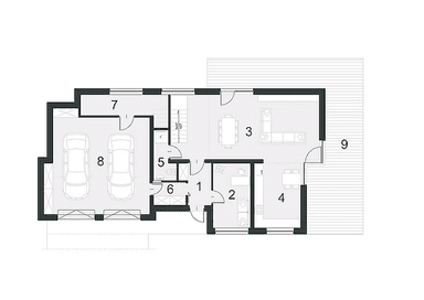 Rzut parteru w projekcie domu Zorganizowany D14