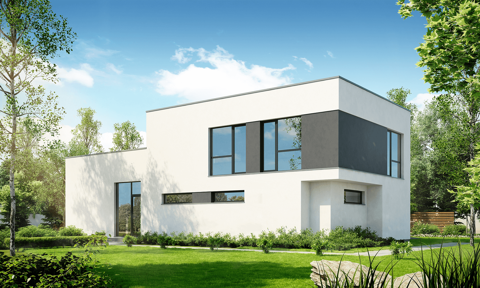 Widok na dom piętrowy z płaskim dachem Zorganizowany D14