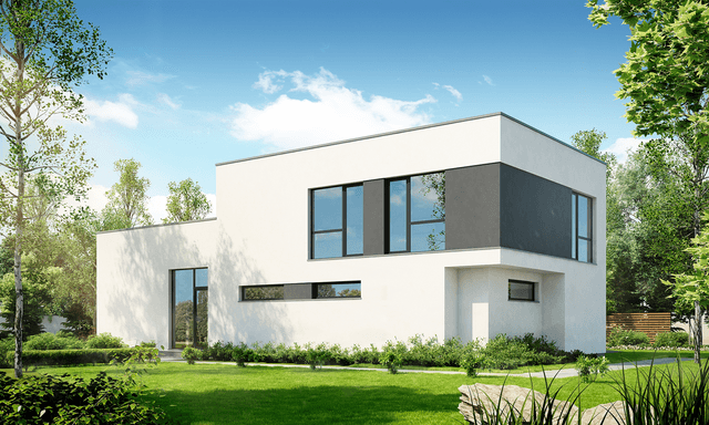 Widok na dom piętrowy z płaskim dachem Zorganizowany D14