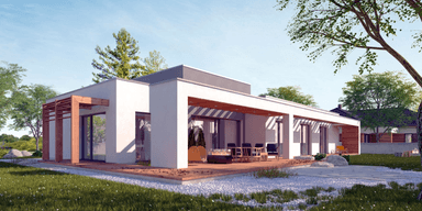 Widok na dom parterowy dom nowoczesny z dachem płaskim Illecebrosus I G2