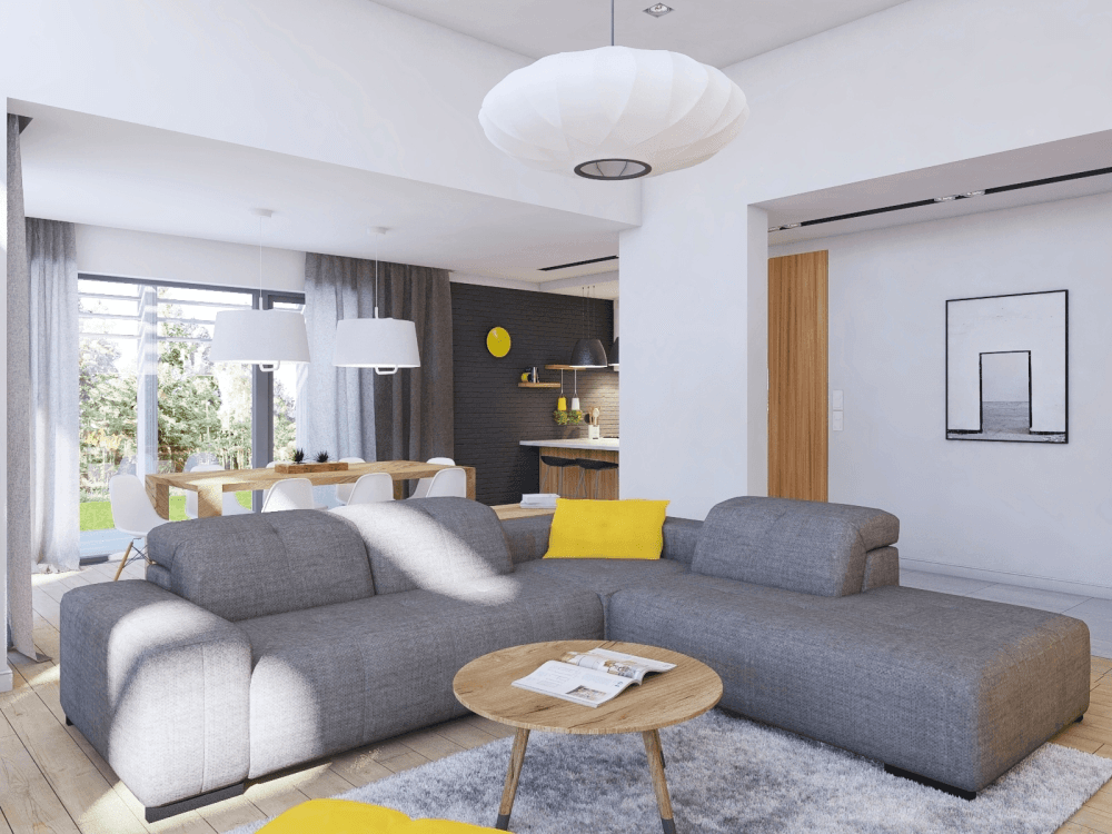 Wizualizacja salonu w projekcie domu parterowego z dachem płaskim Illecebrosus I G2