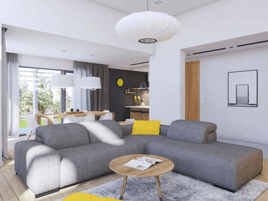 Wizualizacja salonu w projekcie domu parterowego z dachem płaskim Illecebrosus I G2