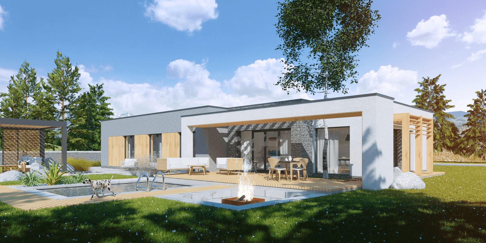 Widok na dom parterowy z dachem płaskim Illecebrosus V G2