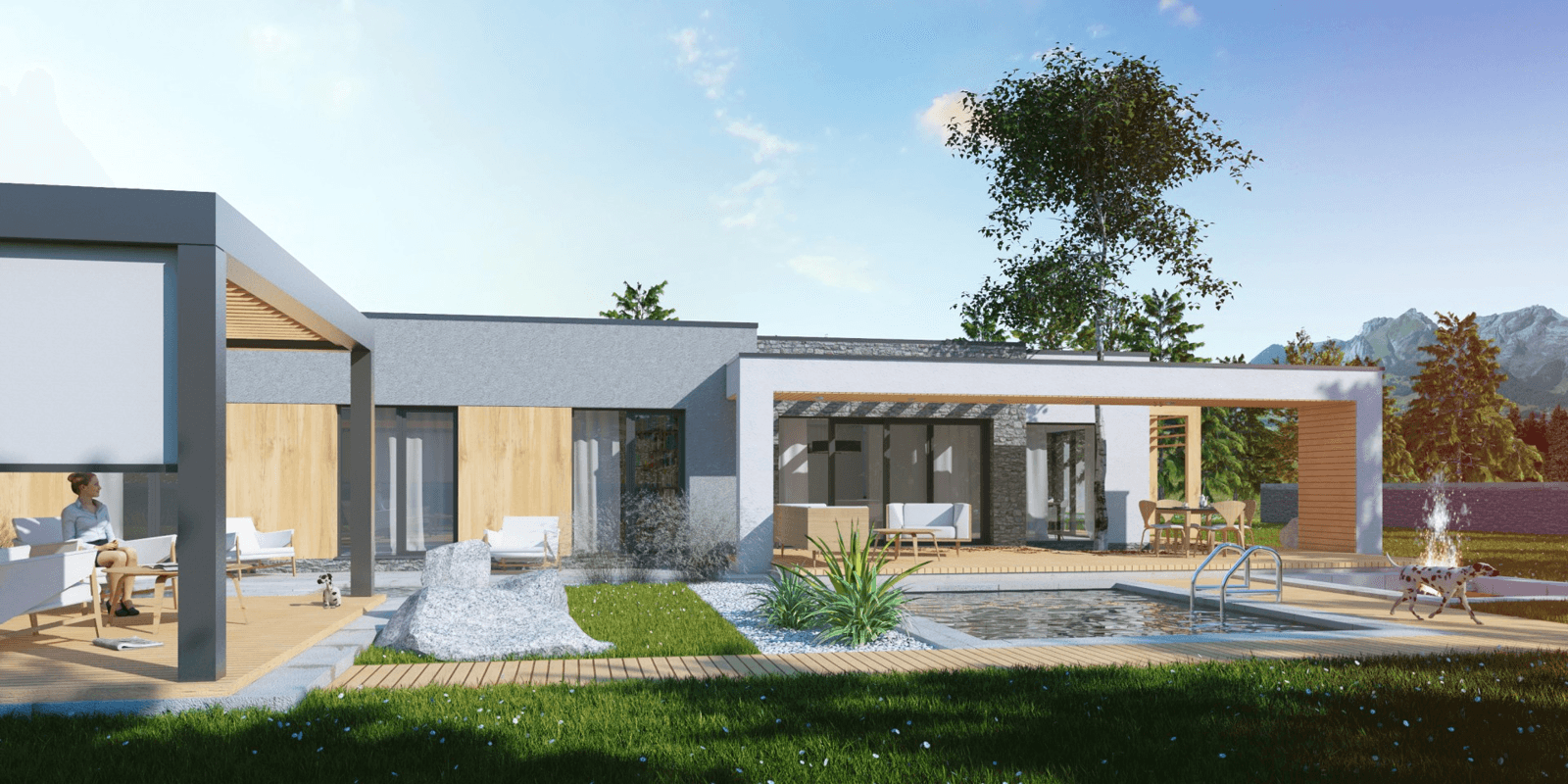 Widok na ogród i basem projekt domu parterowego z dachem płaskim z dużym garażem